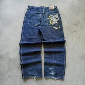 Vintage Platinum FUBU Baggy Jeans 36x33 Dark Wash Embroidered Y2K Hip Hop 19107